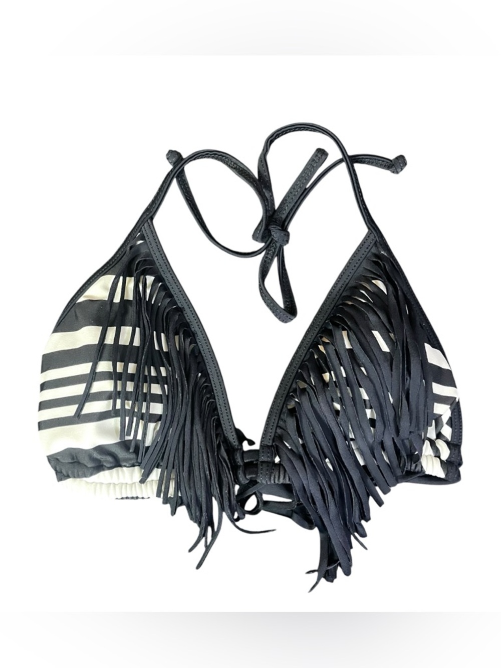 Gianni Bini Bikini Top Black & White Stripe Tassles Size Medium Style #GB68103Z